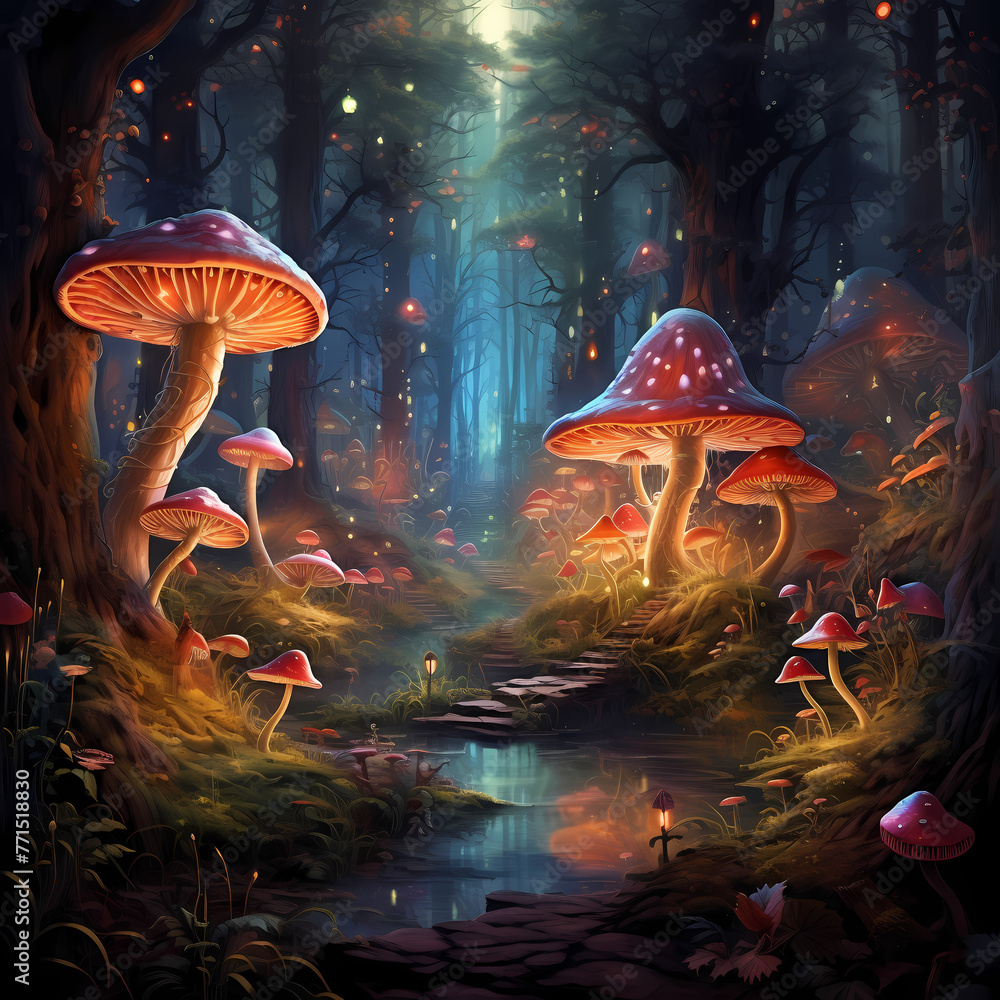 An enchanted forest with glowing mushrooms and mysterious lights