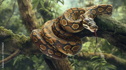 A python displaying its intricate patterns while coiled on a mossy branch in a lush forest.