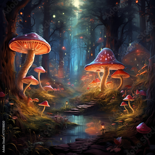 An enchanted forest with glowing mushrooms and mysterious lights