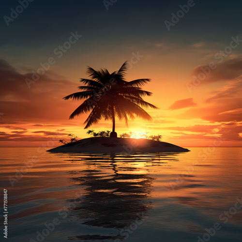 An isolated island with a single palm tree against the sunset