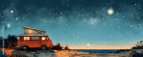 Retro Van Under the Starry Night Sky a Cozy Escape for the Adventure Seeking Wanderer