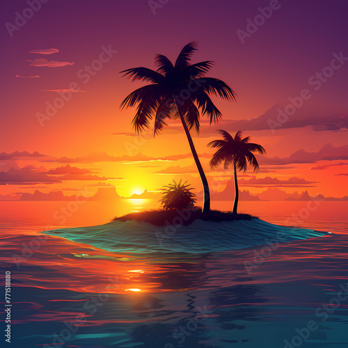 An isolated island with a single palm tree against the sunset