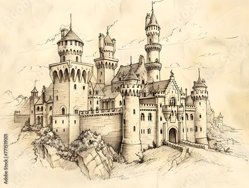 Enchanting Historic European Castle from a Bygone Era Masterfully Illustrated in Captivating Detail