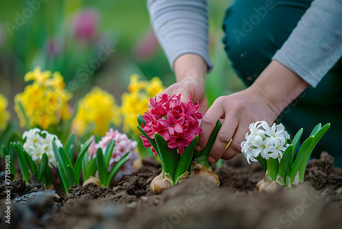 Gardener hands planting hyacinth flower in soil on backyard garden. Spring gardening works concept. Love nature
