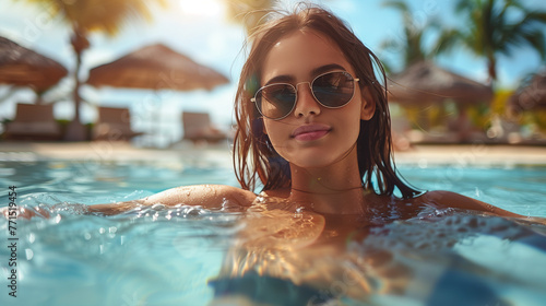 Attractive woman in outdoor swimming pool