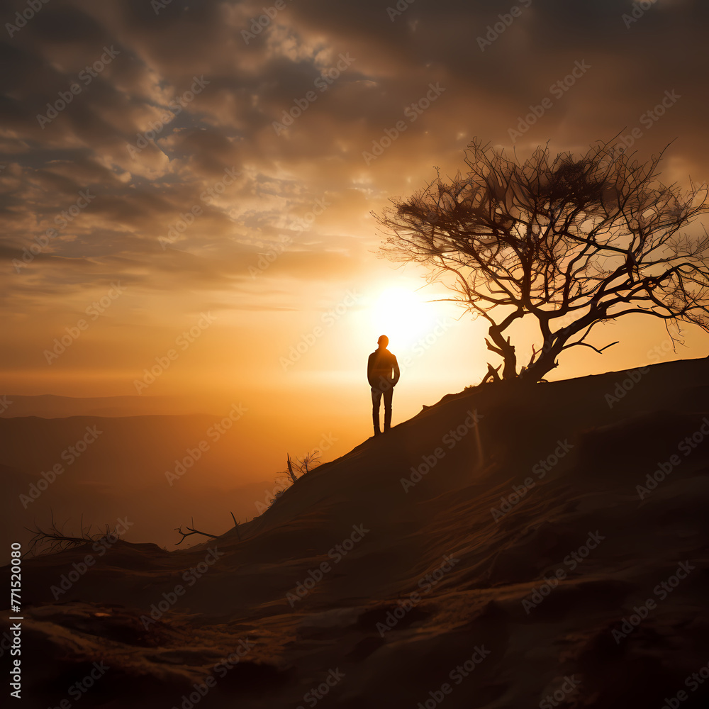 Silhouette of a person standing on a hill at sunset