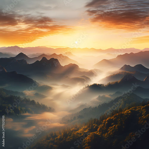 Sunrise over a mountain range with mist in the valley © Cao