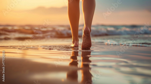 Barefoot walk on the shoreline at sunset. Wellness  travel experiences and summer vacation concept.