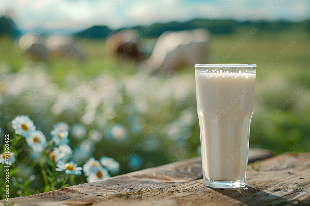 Fresh milk in glass with blurred landscape with cow on sunny spring or summer meadow. Healthy food, organic product. Rustic style. Dairy and milk farm business. Background or banner with copy space Fresh milk in glass with blurred landscape with cow on sunny spring or summer meadow. Healthy food, organic product. Rustic style. Dairy and milk farm business. Background or banner with copy space