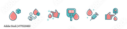 glucose measurement diabetes icon set blood sugar health check monitoring vector illustration for web and app