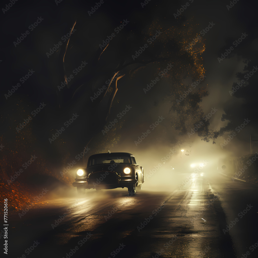 Vintage car headlights illuminating a foggy road ahead