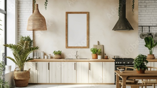 Frame mockup design  home kitchen interior in wood rattan style  3D rendering