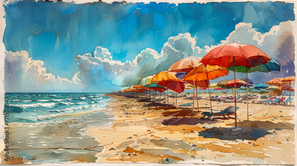 A beach painting in watercolor with lots of parasols - obrazy, fototapety, plakaty 