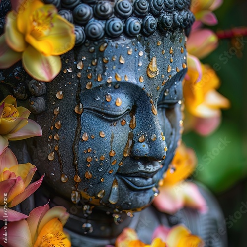 A closeup of a Buddha statue adorned with water droplets and flowers, symbolizing Songkran blessings photo