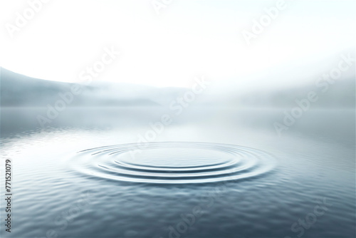 a single water ripple expanding outwards on a perfectly still lake, morning mist