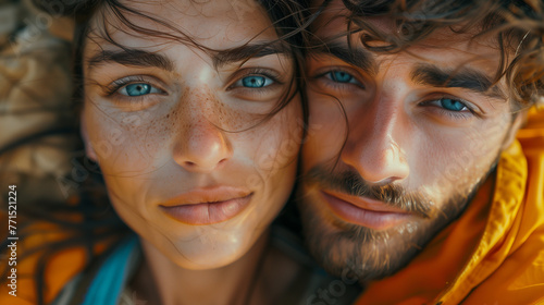 A man and a woman smiling at the camera. The man has a beard and the woman has blue eyes