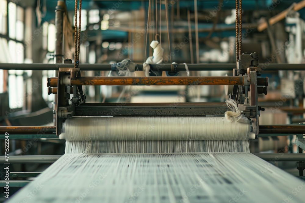 A detailed view of a highspeed automated loom in a textile factory, showcasing the evolution of fabric production - obrazy, fototapety, plakaty 