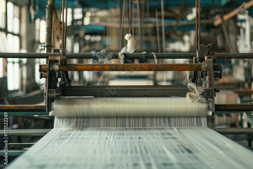 A detailed view of a highspeed automated loom in a textile factory, showcasing the evolution of fabric production photo
