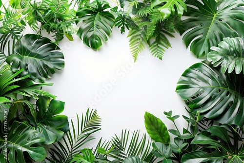 Tropical Green Leaves Frame on White Background. Nature-Inspired Design for Eco-Friendly Concept and Plant-Based Product Marketing © Fay Melronna 