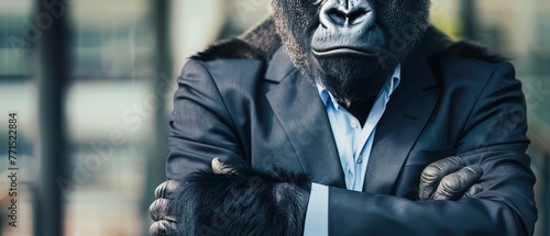 A gorilla in a leadership seminar, wearing a power suit, symbolizing strength and authoritative presence