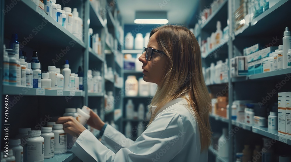 Female pharmacist at the drugstore. Healthcare pharmacists work at the hospital. Doctor specialists organize prescription medications - obrazy, fototapety, plakaty 
