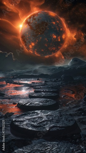 Planets aligned as steppingstones leading to a sun that flickers with cool, dark flames photo