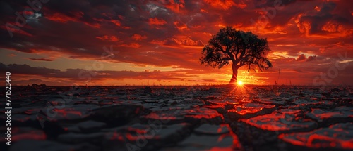 The land is parched and cracked under the setting sun. Dead tree stand in front of red sky. It is a symbol of drought, hopelessness, change or as an illustration of an article about the environment.