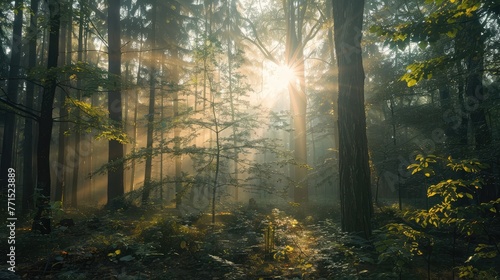 Forest in the morning with bright sun shining through the trees. © Khalif