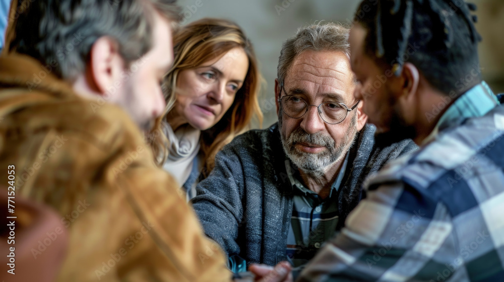 A diverse group of adults in a focused meeting, possibly discussing important community or business matters