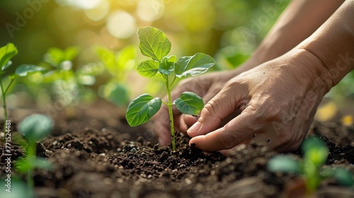 Closeup of a gardener hands planting a delicate seedling