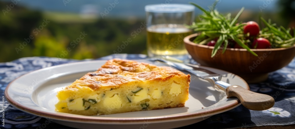 A slice of quiche sits on a plate atop a table, beside a flowering plant in a pot. This delicious dish is made with fresh ingredients following a special recipe