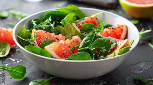 Fresh Grapefruit and Spinach Salad in a White Bowl with Morning Dew