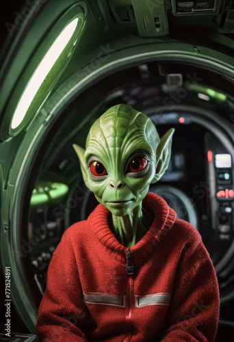 A green alien dressed in a red knit sweater inside a spaceship