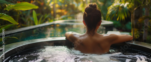 Lifestyle portrait of young woman relaxing in luxury spa pool at tropical resort 