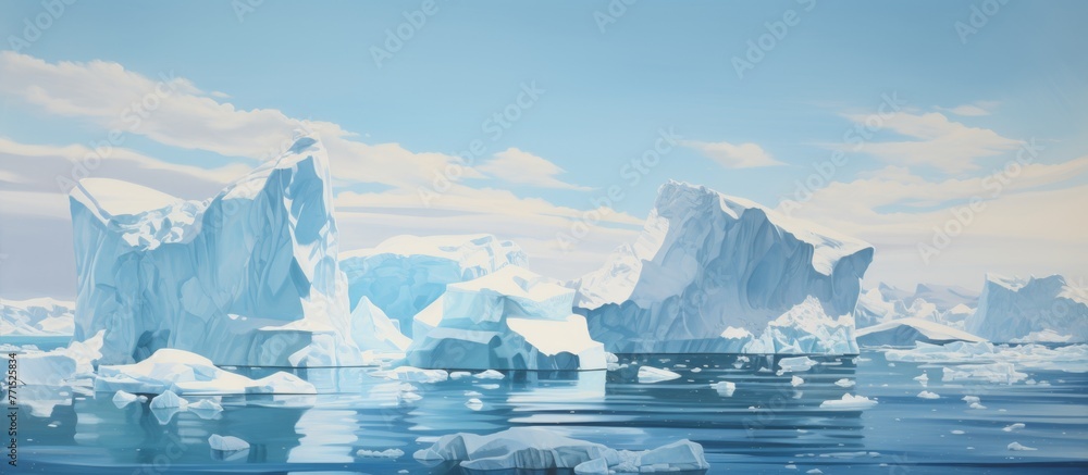 A stunning painting of icebergs peacefully floating on a calm body of water under a cloudy sky, with the horizon in the background creating a serene scene