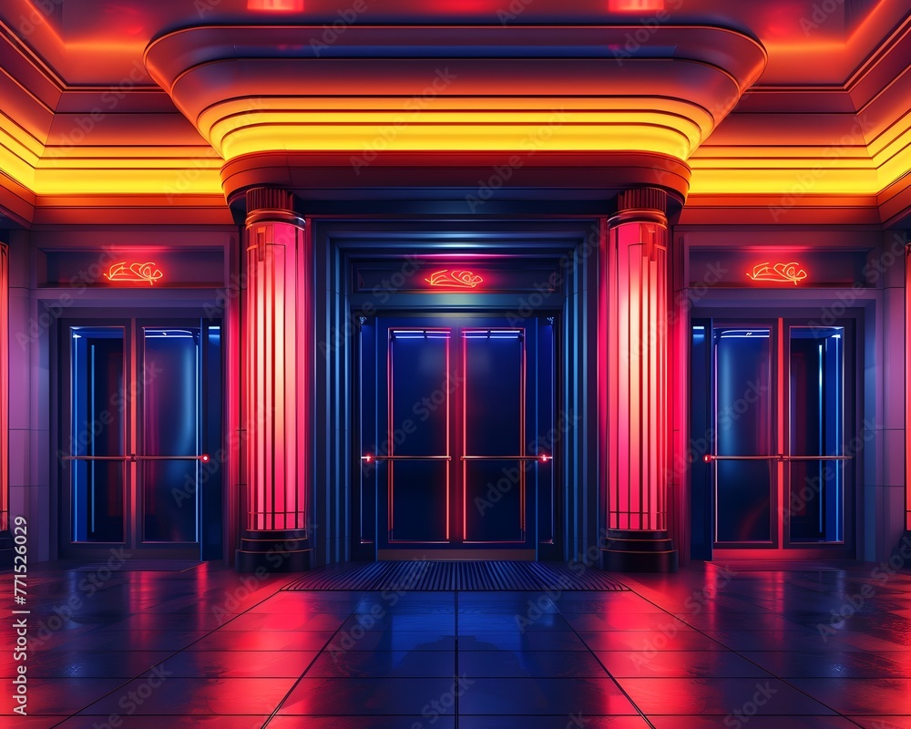 Radiant Art Deco Passage Under the Glow of Vibrant Neon Lights Retro Futuristic Architectural Allure with Captivating Geometric Patterns and