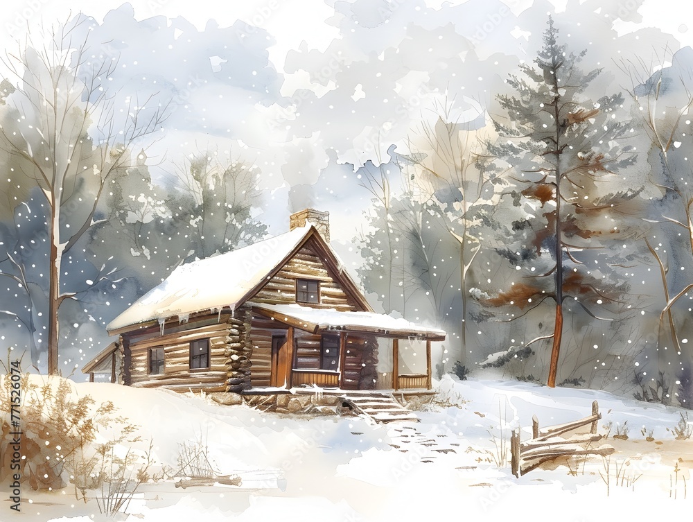 Picturesque Snow covered Rustic Log Cabin Nestled in the Serene Wintery Forest Landscape Offering a Peaceful Retreat from the Cold
