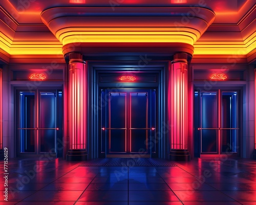 Radiant Art Deco Passage Under the Glow of Vibrant Neon Lights Retro Futuristic Architectural Allure with Captivating Geometric Patterns and