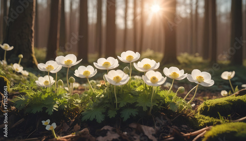 Spring forest landscape with flowering primroses in sunlight in nature 8