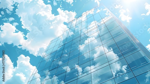 Towering Glass Skyscraper Mirroring the Cloudscape Overhead Reflecting the Changing Weather in a Sleek Contemporary Design