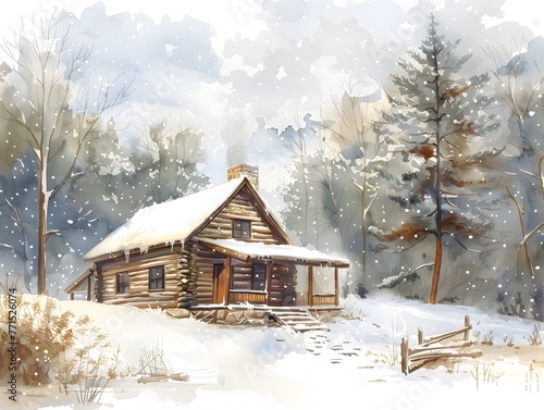 Picturesque Snow covered Rustic Log Cabin Nestled in the Serene Wintery Forest Landscape Offering a Peaceful Retreat from the Cold © Thares2020