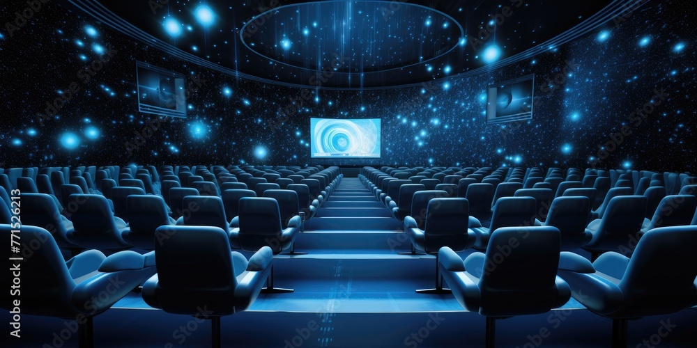 The cinema interior is adorned with rows of seats facing a pristine white screen, inviting patrons to immerse themselves in the magic of the movies.