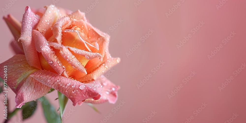 A delicate peach rose with dewdrops on a soft pink background. A delicate peach rose with dewdrops on a soft pink background.
