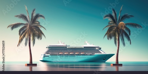 A large cruise ship is docked at a beach