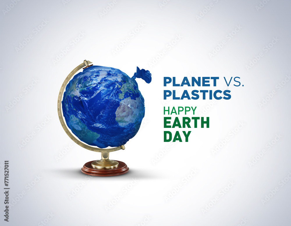 Planet vs. Plastics , Earth day 2024 concept 3d tree background. Ecology concept. Design with globe map drawing and leaves isolated on white background.  - obrazy, fototapety, plakaty 
