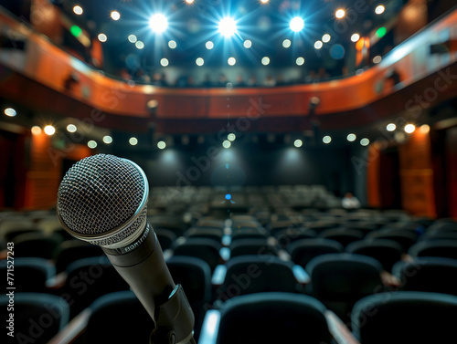 A single microphone on a stand is highlighted by a spotlight against a blurred background of an auditorium filled with an expectant audience, suggesting a live performance or speech 