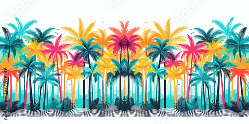 Seamless tropical pattern with palm trees and sea, colorful summer Hawaii background, Vector, generative ai