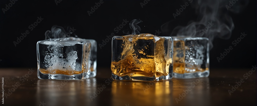 Blocks of ice cubes on plain dark gold background with fog and smoke mist cold from Generative AI