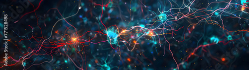 Vibrant neurons transmitting electrical impulses Luminescent neural fibres, brain tissue textures photo