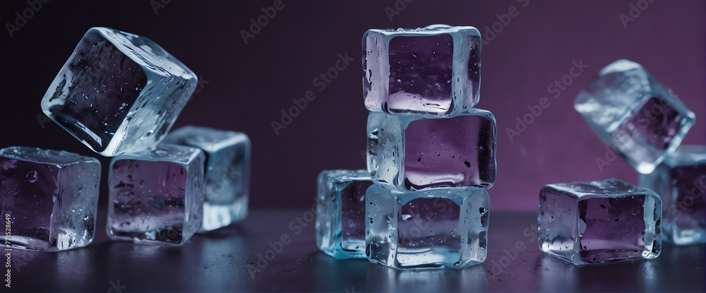 Blocks of ice cubes on plain purple bright pastel background with fog and smoke mist cold from Generative AI Blocks of ice cubes on plain purple bright pastel background with fog and smoke mist cold from Generative AI